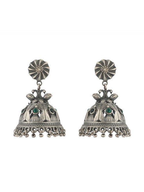 Green Silver Tone Brass Jhumka