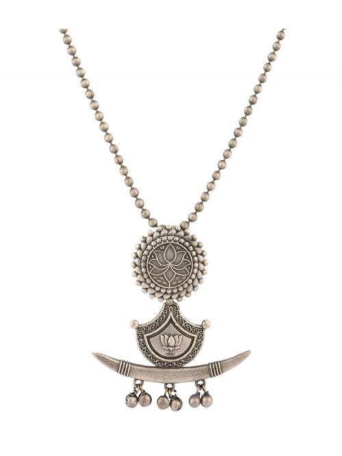 Lotus Engraved  Silver Tone Brass Necklace
