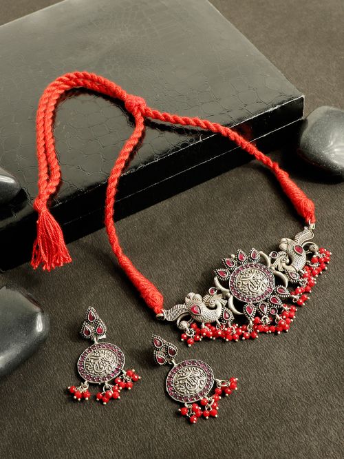  Red Silver Tone Tribal Necklace Set ( Set of 2)