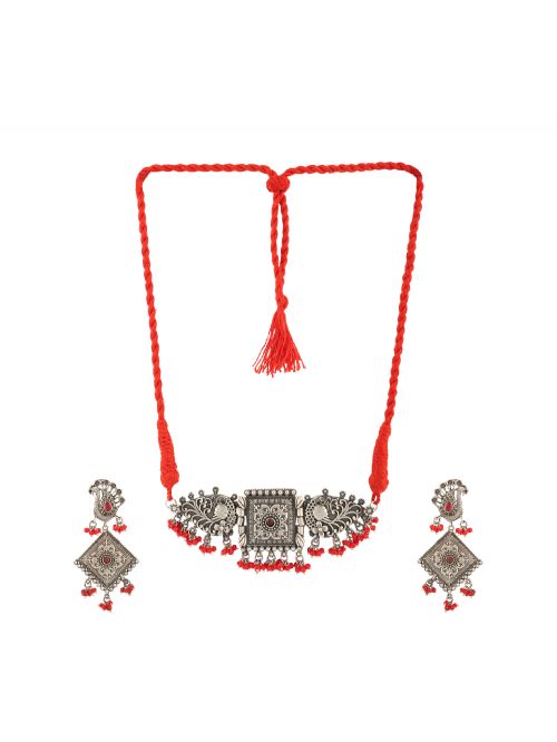  Red Peacock Silver Tone Tribal Necklace Set ( Set of 2)