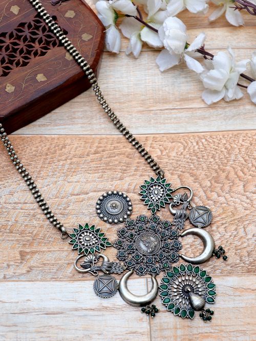 Green  Handcrafted Silver Tone Brass Tribal Necklace