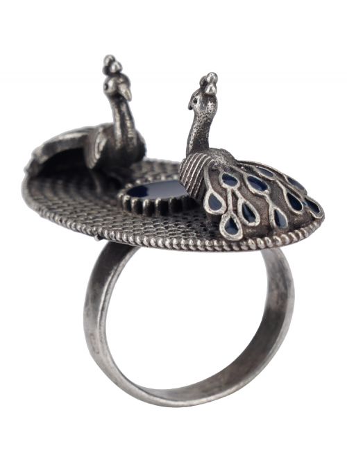 Blue Silver Tone Tribal Brass adjustable Peacock   Ring