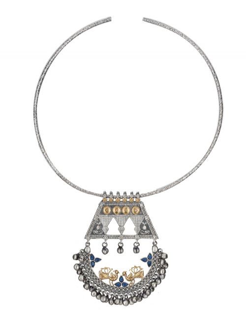 Blue Peacock Dual Tone Brass Tribal Necklace