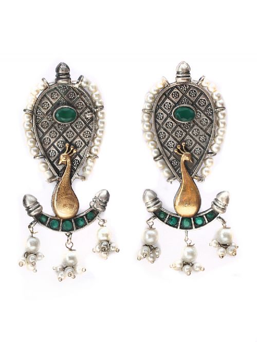 Green Dual Tone Brass Peacock Earrings