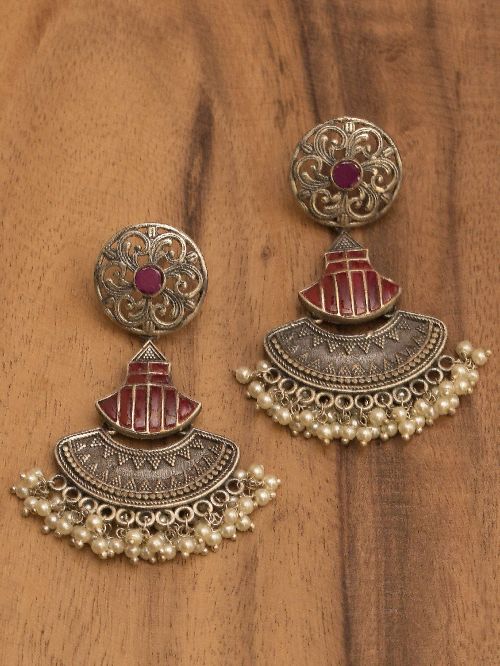 Red Tribal Silver Tone Brass Earring