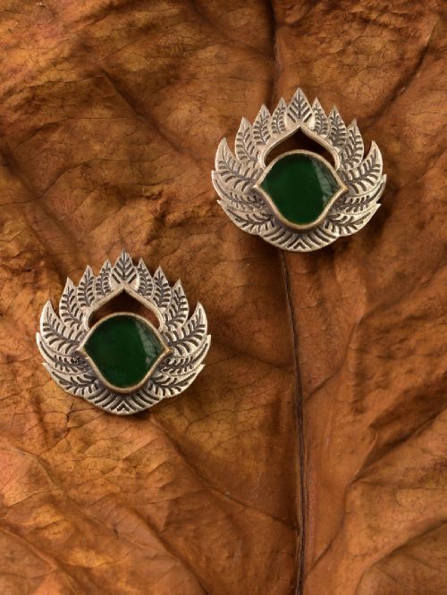 Green Tribal  Silver Tone Brass Earrings