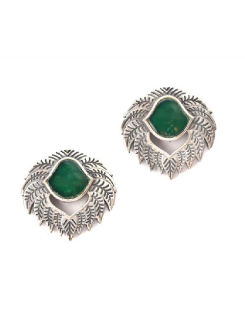 Green Tribal  Silver Tone Brass Earrings