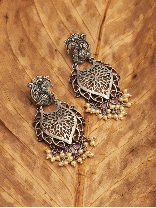 Peacock Handcrafted Silver Tone Brass Earrings