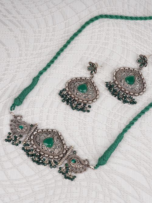 Green Silver Tone Tribal Necklace Set ( Set of 2)