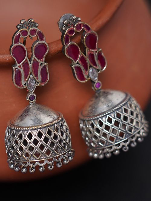 Red handcrafted  Silver Tone Brass Jhumka