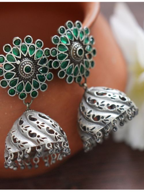 Green Handcrafted Silver Tone Brass Jhumka