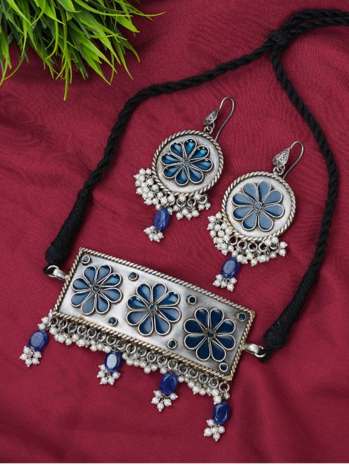 Handcrafted  Silver Tone Brass  Necklace set with Enamel work ( Set of 2)