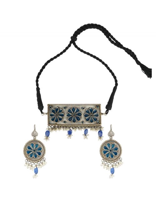 Handcrafted  Silver Tone Brass  Necklace set with Enamel work ( Set of 2)