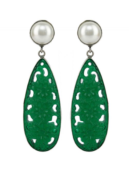 Green Hadcrafted Silver Tone Brass Earrings