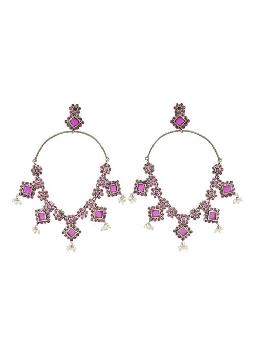 Pink Handcrafted Silver Tone Brass Earrings
