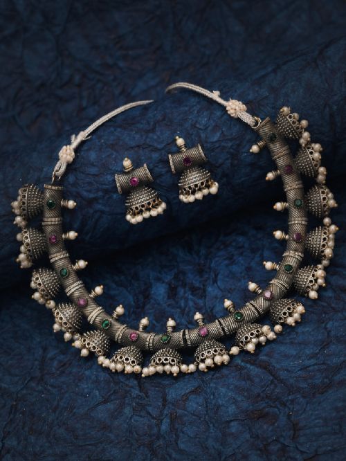 Silver Tone Tribal short Necklace Set ( Set of 2)
