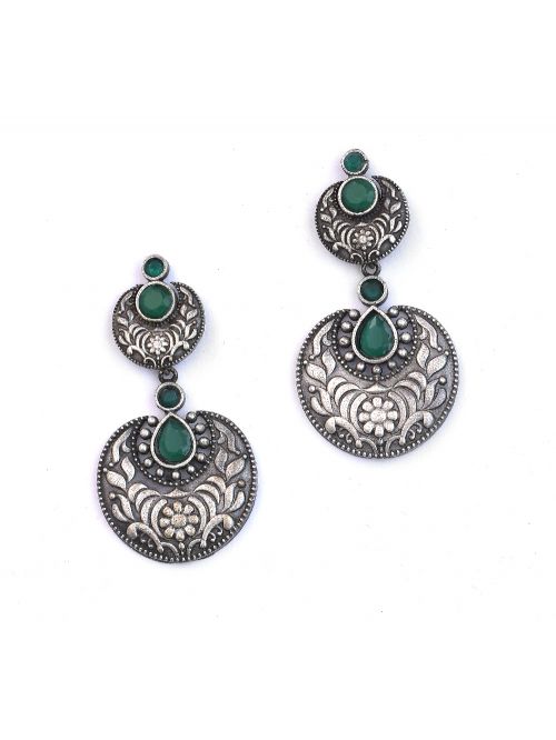 Green handcrafted  Silver Tone Brass Earrings