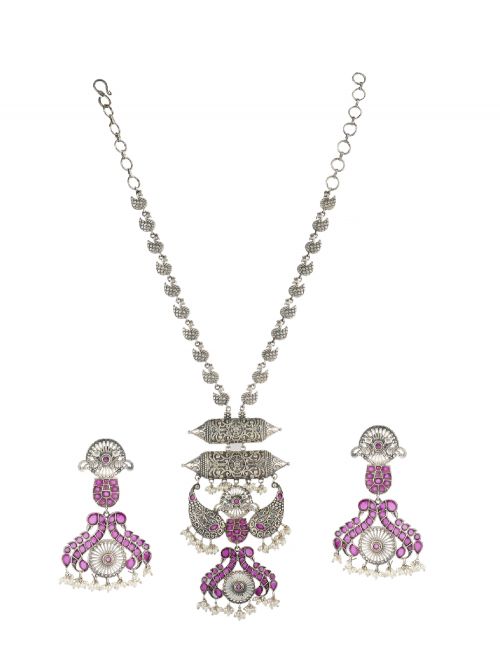 Pink Silver Tone Tribal long Necklace Set ( Set of 2)