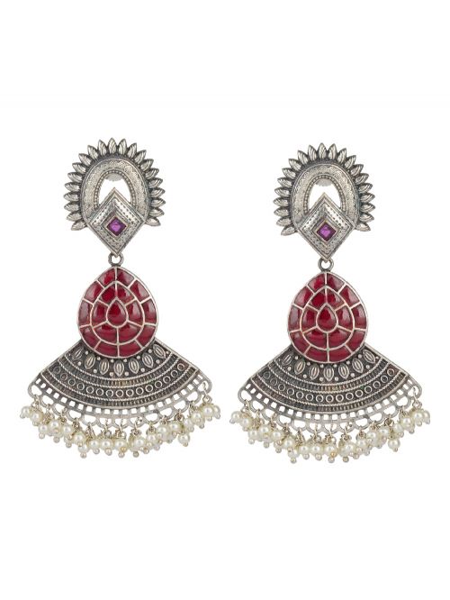 Red Tribal Silver Tone Brass Earring