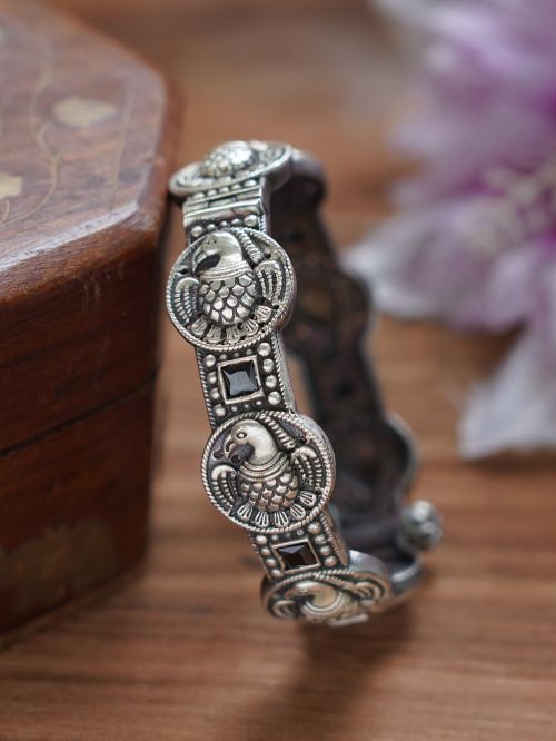 Tribal  Silver Tone Brass Peacock Bangle