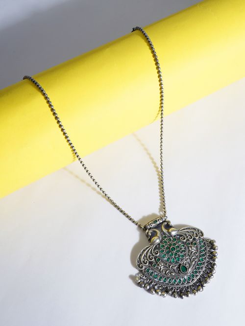 Green  Handcrafted Silver Tone Necklace
