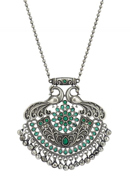Green  Handcrafted Silver Tone Necklace