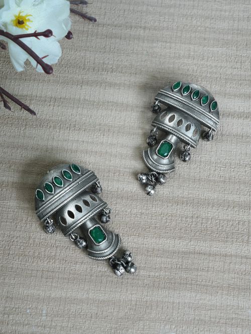 Green Handcrafted Silver Tone Brass Tribal Jhumki