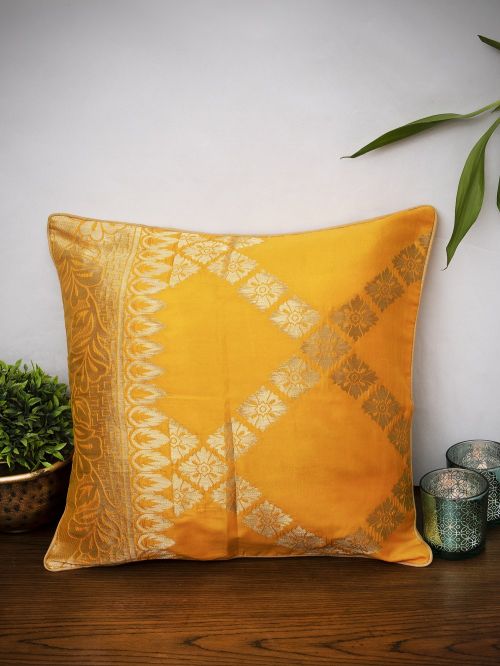 Yellow  Banarasi Brocade Cushion Cover - Size 16 x 16 Inch