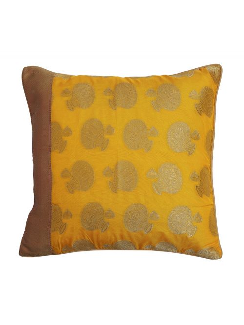 Yellow Brocade  Banarasi Cushion Cover - Size 16 x 16 Inch