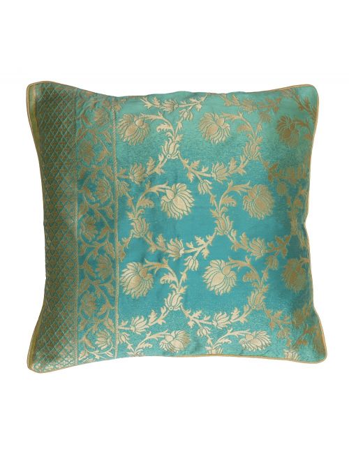 Blue Brocade  Banarasi Cushion Cover - Size 16 x 16 Inch