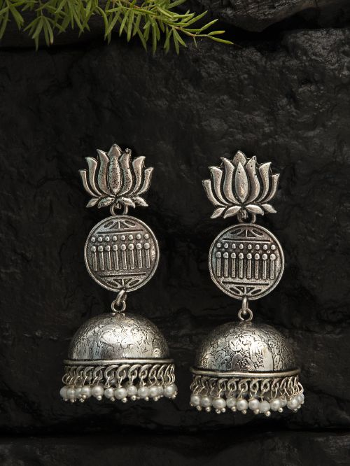 Handcrafted Silver Tone Brass Lotus Jhumka