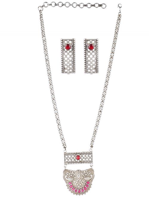 Long Pattern Silver Tone Brass Set Of Necklace & Earrings ( Set of 2)