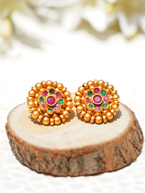 Red Green Handcrafted  matte Gold Tone Stud Earrings