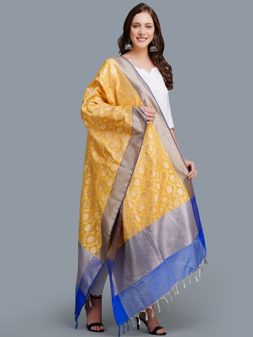 Yellow - Blue Art Silk Banarasi Dupatta
