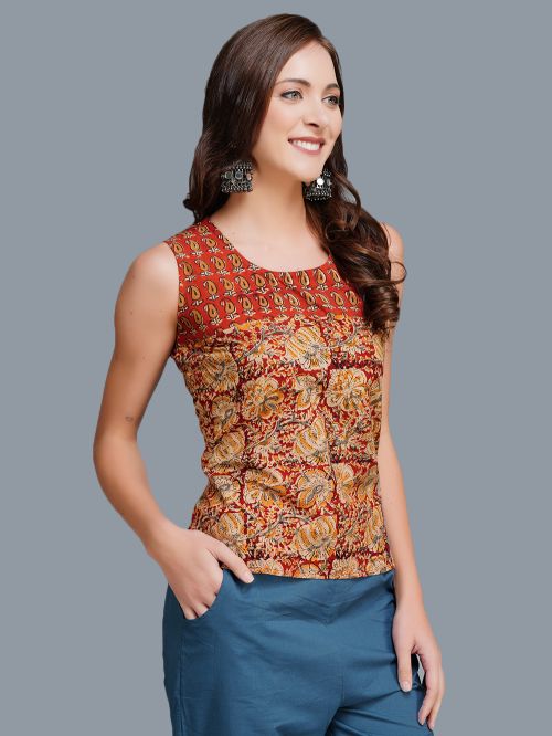 Red Cotton Block Printed  Sleeve less Short Top
