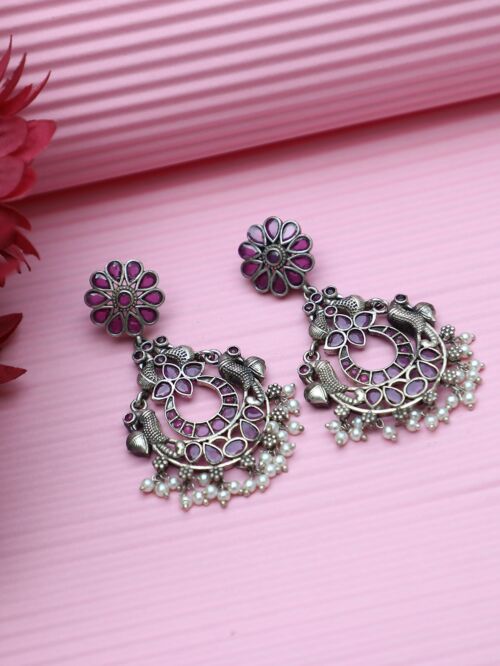 PINK SILVER TONE HANDCRAFTED BRASS EARRINGS