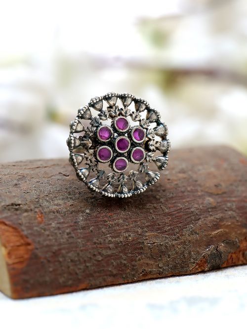 Pink Silver Tone Tribal Brass adjustable Ring