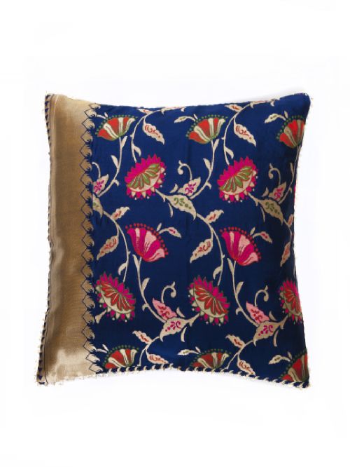 Blue Brocade  Banarasi Cushion Cover - Size 16 x 16 Inch