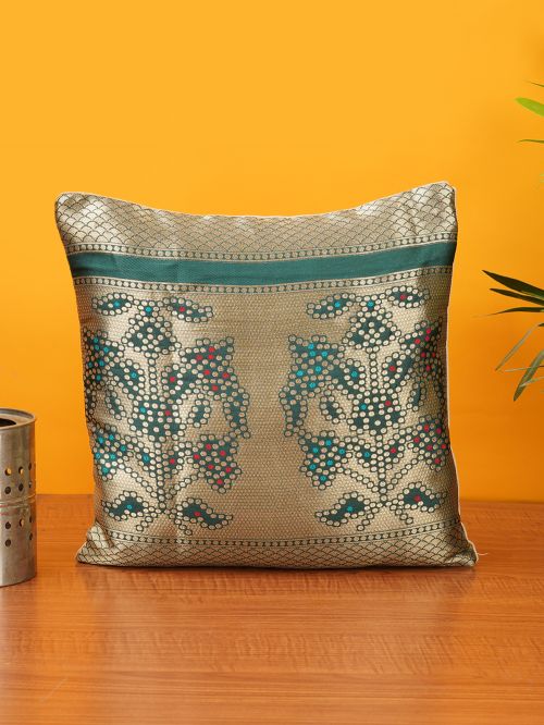 Green Brocade  Banarasi Cushion Cover - size 12 x 12 inch 