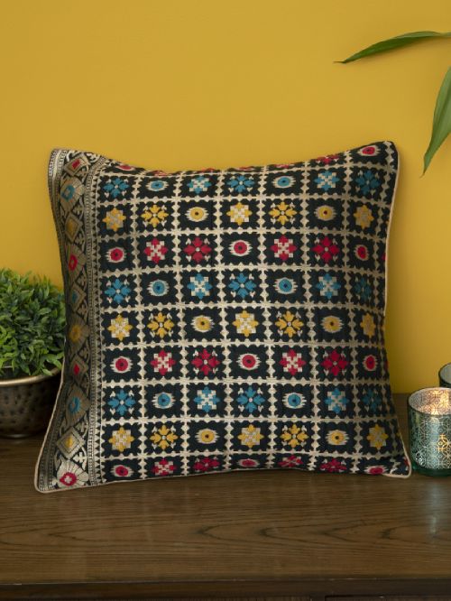Black Brocade  Banarasi Cushion Cover - Size 16 x 16 Inch