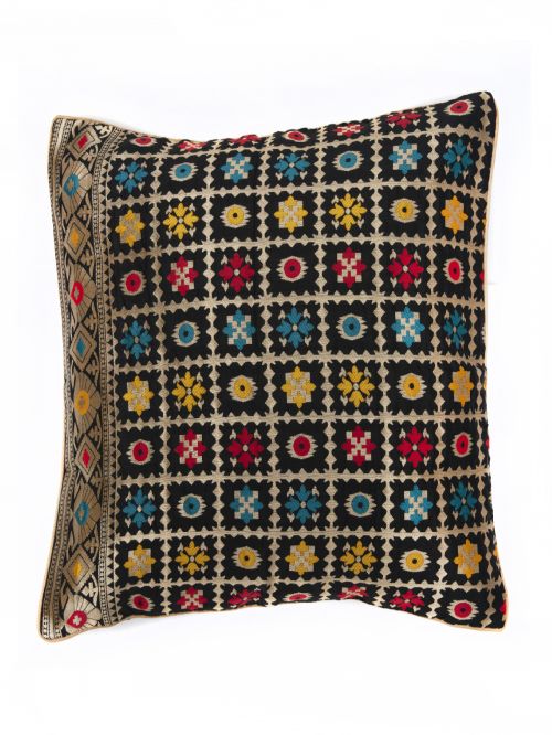 Black Brocade  Banarasi Cushion Cover - Size 16 x 16 Inch