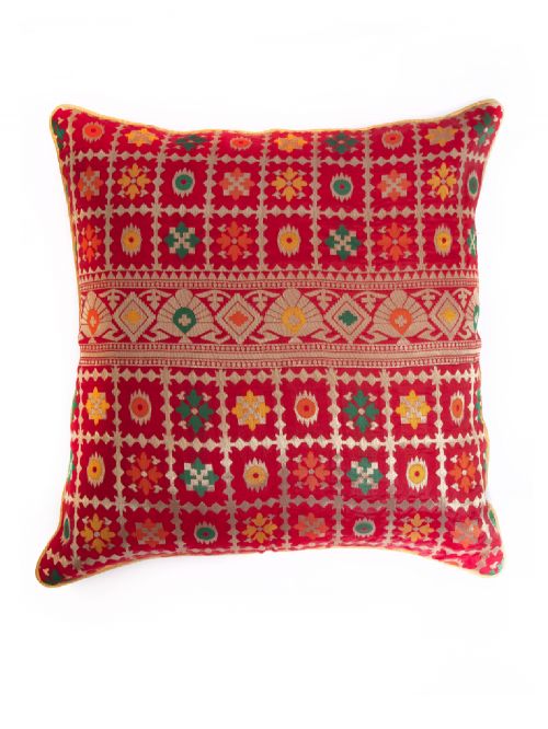 Red Brocade  Banarasi Cushion Cover - Size 16 x 16 Inch
