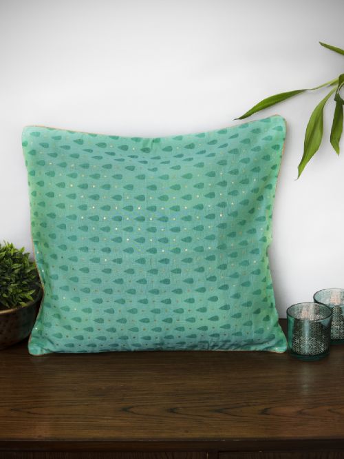 Green Chanderi Lotus Cushion Cover - Size 16 x 16 Inch