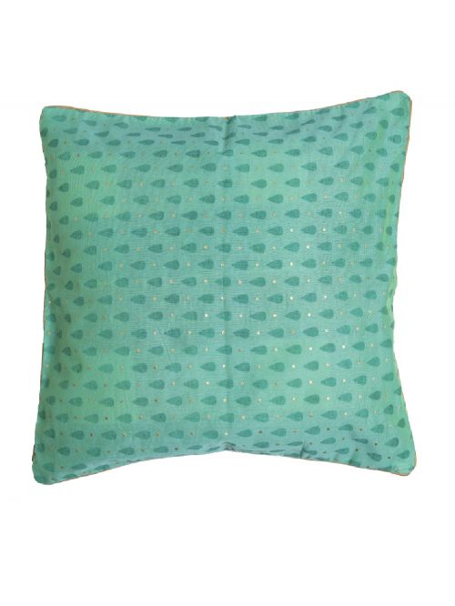 Green Chanderi Lotus Cushion Cover - Size 16 x 16 Inch