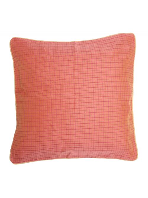 Pink checked Chanderi Cushion Cover - Size 16 x 16 Inch