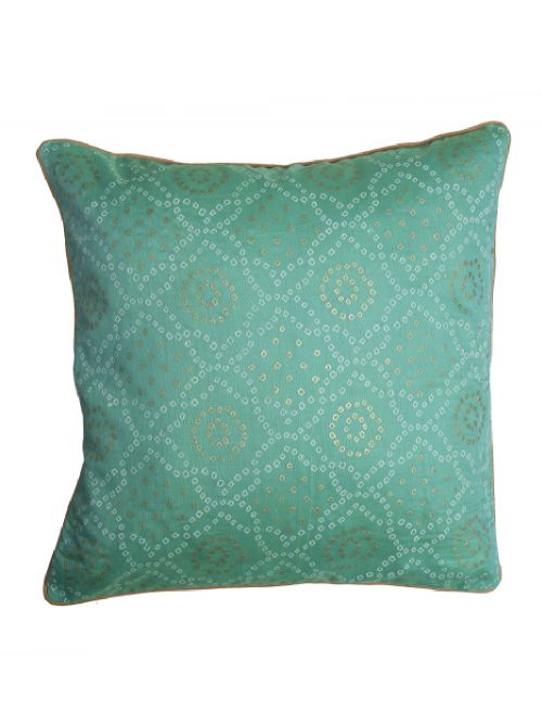 Green Bandhni Printed  Chanderi Cushion Cover - Size 16 x 16 Inch