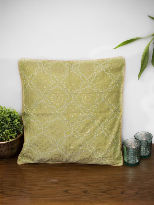 Lime Green Bandhni Printed  Chanderi Cushion Cover-size 16 x 16 inch