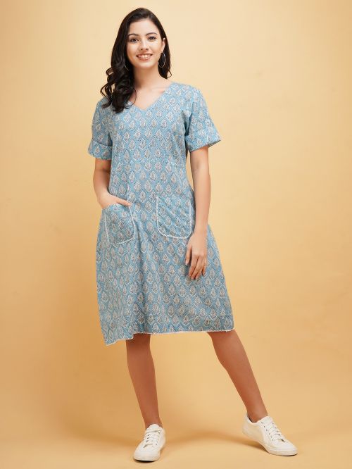 Light Blue Printed Cotton Dress