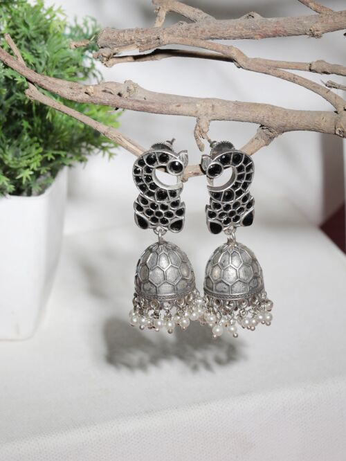 Peacock Style Silver Tone Brass Jhumka
