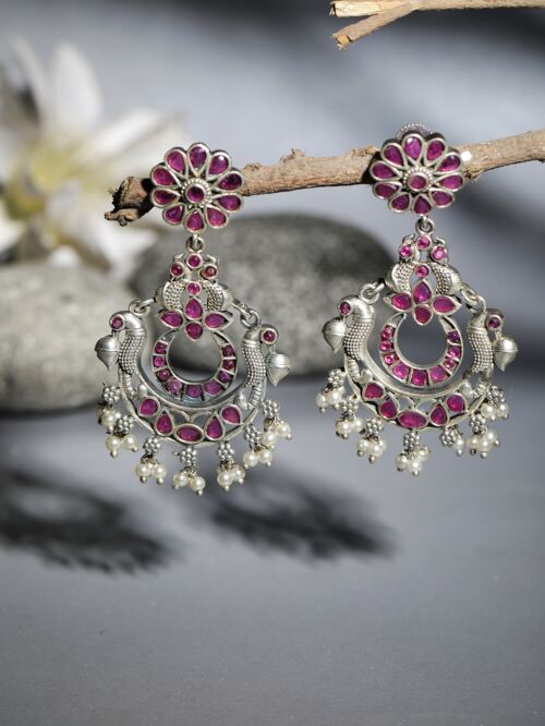 Red Silver Tone Brass Stud Earrings